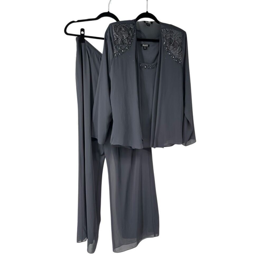 Women’s 16 Silver Gray 3pc Set Tank Jacket Wide Leg Pants Career Office‎ Guest